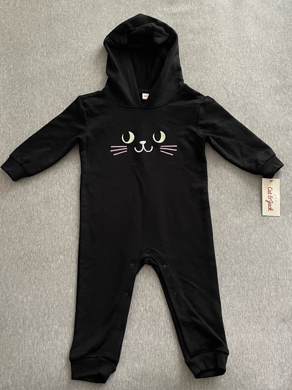 Cat & Jack Size 12 Month Black Hooded Baby One-Piece with Cat Face Accent NWT